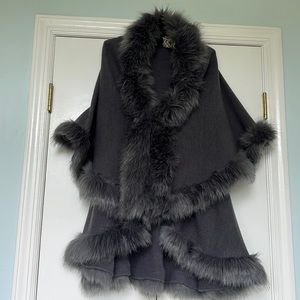 Charcoal Grey Faux Fur Trimmed Tiered Cape/ Sweater/Shawl